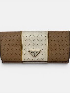 Prada Perforated Leather Continental Wallet in Brown and Cream